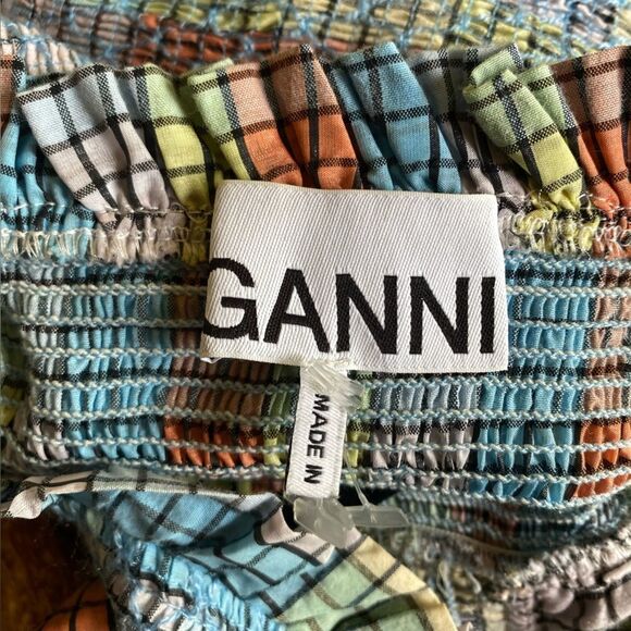 GANNI SEERSUCKER CHECK SLEEVELESS MIDI DRESS smocked cotton summer 42 L - Picture 8 of 14